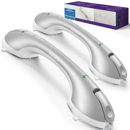 KEKOY Poignée Ventouse Salle de Bain avec Indicateur, Poignée Douche de Sécurité Robustes pour Baignoire, pour Personnes Âgées, Handicapées et Adultes, Sans Perçage et Amovible (Argent*2, 44,5 cm)