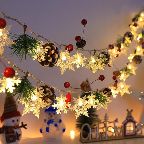 Lichterketten Weihnachten, 2M 20 LED Schneeflocken Lichterkette mit Tannenzapfen, Tannennadeln & Glocken, Weihnachtslichterkette Girlande Batteriebetrieben für Weihnachtsdeko Innen, Fensterdeko (A)