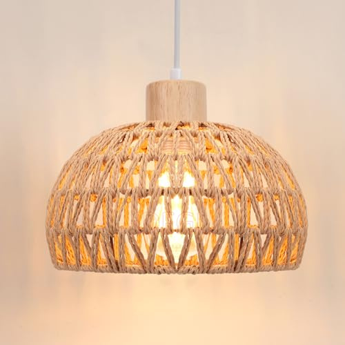 iDEGU Vintage Pendelleuchte Ø25cm Kronleuchter aus Holz Rattan Lampenschirm Industrielle E27 Hängeleuchte Dekoration Retro Hängelampe für Esszimmer, Schlafzimmer, Wohnzimmer, Flur, Küche (Cremeweiß)