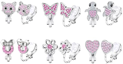 Ohrclips Kinder Mädchen, 6 Paar Kinder Ohrringe Mädchen, Hypoallergene Ohrclips Kinder Schmuck für Mädchens Clip Ohrringe Ohne Ohrloch Glänzend Schmetterling Blume Klipp Ohrringe