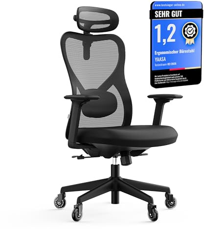 Yaasa Chair Plus, TESTSIEGER-Bürostuhl des Jahres 2026, Flüsterrollen,150kg | Preis-Leistungs-Sieger dank 2D-Kopfstütze & -Lordosenstütze, 4D-Armlehnen, zertifiziert, Bürostuhl ergonomisch, Office Chair