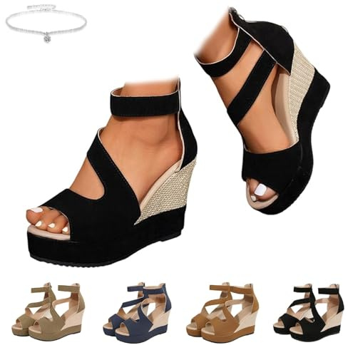 Sandali ortopedici con zeppa da donna, eleganti, sandali estivi con zeppa con plateau da donna, con apertura aperta, zeppe con tacco alto con cerniera posteriore, per matrimoni, feste serali