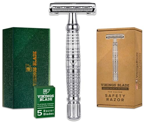 VIKINGS BLADE Doppelschneidiger Rasierhobel für Herren + 5 schwedische Stahlklingen + Luxusetui Langer Griff Glatt, wiederverwendbar, umweltfreundlich (The Vulcan)