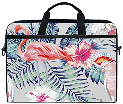 Laptop Case, Tropical Plants and Flamingo Printed with 3 Compartment Shoulder Strap Handle Canvas Notebook Computer Bag Personalised Perfect for Boys Girls Women Men 13 13.3 14 15 inch
