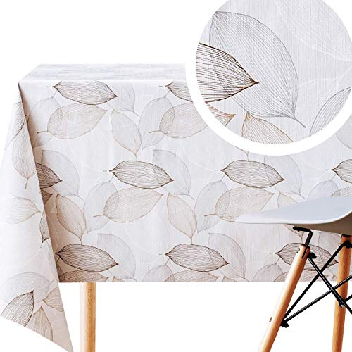 KP HOME PVC Tischdecke Grau Wachstuchtischdecke Silber Braune Blätter Rechteckig 200x140 cm Wasserabweisend Blatt Wachstuch Pflegeleicht Strapazierfähig Vinyl Tischdecke Abwischbare Wachstischdecke