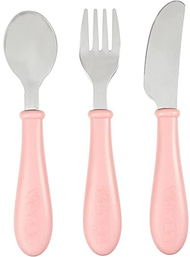 BÉABA, Set de 3 Couverts Enfant d'Apprentissage - Inox - 2ème Âge, Dès 12 mois - Prise en main facile pour Bébé, Old Pink