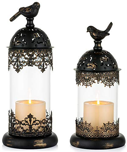Nuptio Vintage Pillar Candle Holders Moroccan Wrought Iron Hurricane Candle Holder Ornate Centerpiece for Mantlepiece Decorations, Candlestick Holders for Table Living Room Balcony Garden, 2 Pcs