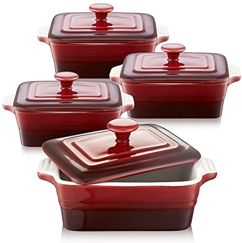 LOVECASA Juego de 4 Moldes de Cerámica 350 ml con Tapas 16,2 x 12,5 x 5 cm, Moldes para Soufflé, Mini Cazuela para Creme Brulee, Postre, Aptos para Microondas y Lavavajillas, Rojo Gradual