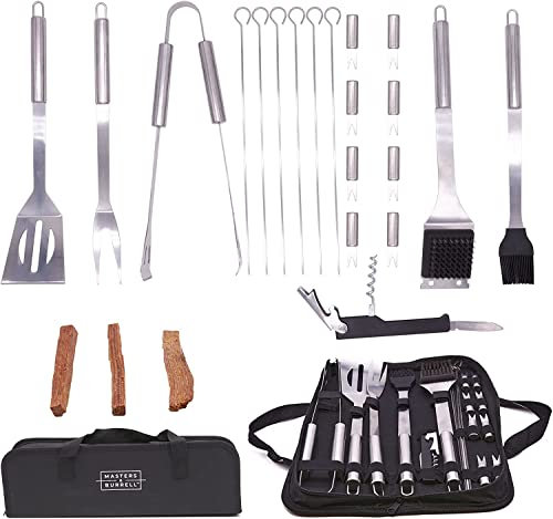 BBQ Tools Set with Carry Case, Stainless Steel Barbecue Grill Accessories with Storage Bag, Complete Premium Outdoor BBQ Utensil Set (BBQ Set with 3pcs Fatwood)