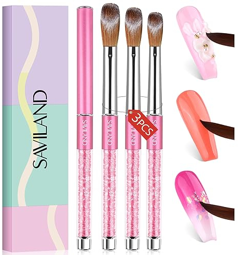 Saviland Acrylic Nail Brush Set - 3pcs Professional Acrylic Brush Set for Acrylic Powder Application,Acrylic Nail Art Brushes with Glitter Handle Size 6, Size 8, Size 12