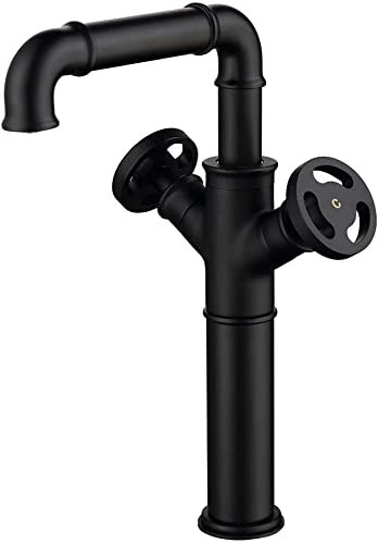 KunMai Robinet d'évier de salle de bain en tuyau industriel noir mat, 1 trou et 2 poignées en laiton massif