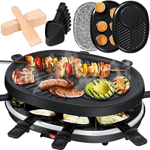 KESSER® 3in1 Raclette-Grill mit Naturgrillstein, Grillplatteund Pancake- Pfannkuchen Tischgrill für 8 Personen, Elektrogrill antihaftbeschichteter Grillplatte, 8 Pfannen und Holzspatel