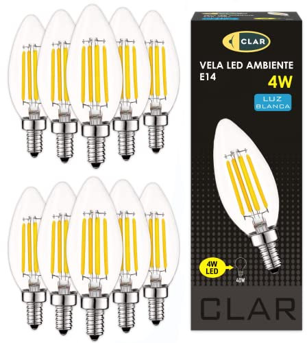 CLAR - Lampadine LED E14 Filamento Luce 4W, Lampade LED, Equivalent 30W-40W, Lampadine Vintage, Attacco Piccolo, LED Luce Naturale (Pack 10)