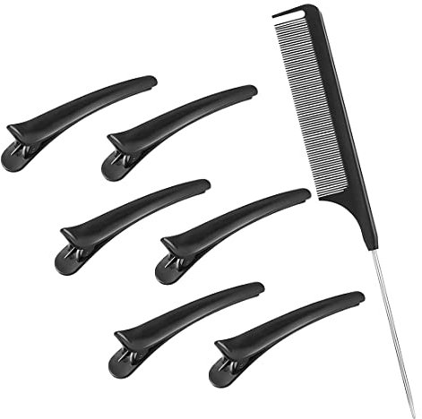 6 Stücke Schneiden Clips mit Rattenschwanz Kamm, Haar Styling Clips Klemmen Schwarz Haar Griff Klemmen Krokodil Haarklammer und Edelstahl Spießente Kamm für Frauen Mädchen Friseur Styling