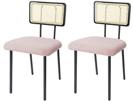 2er-Set Esszimmerstuhl HWC-K88, Lehnstuhl Stuhl, Holz Poly-Rattan Metall Bouclé - Stoff/Textil rosa