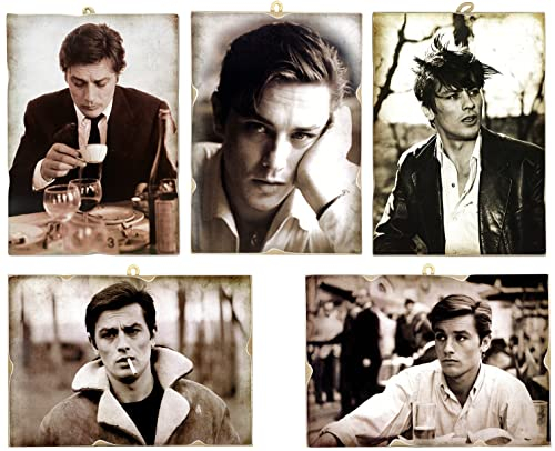 KUSTOM ART Set mit 5 Bildern im Vintage-Stil, Serie Berühmte Schauspieler Alain Delon, zum Sammeln, Druck auf Holz, 18 x 25 cm.