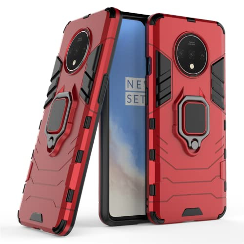 IMEIKONST OnePlus 7T Hülle Plastic Back Cover TPU Bumper Handyhülle 360 Grad Metal Ring Ständer Heavy Duty Militärgrad Schutz Hybrid Stoßfest Case für OnePlus 7T. Rot KK