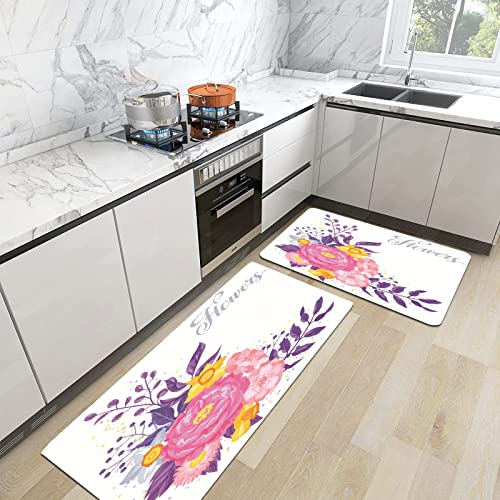 URSOPET 2er Küchenteppich Waschbar rutschfest Teppich,Lila Blumen mit zarten Blumen für romantische rosa Grenze,Küche und im Esszimmer Badematten Set mit Rückseite