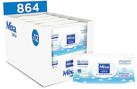 Mixa Bébé Lingettes au Lait de Toilette - Peaux Délicates Nourrissons - À l’Huile d’Amande Douce, Vitamine E et Glycérine - Hypoallergéniques - Lingettes Compostables - Lot de 12 x 72, 864 Lingettes