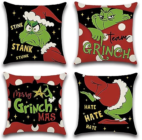 Ohok 4er Set Dekorativ Weihnachten Kissenbezug 45x45 cm, Polyester Leinen Zierkissenbezüge Kissenbezüge Dekor Kissenhülle Set für Schlafzimmer Wohnzimmer Sofa Couch Auto (Schelmische Grich)