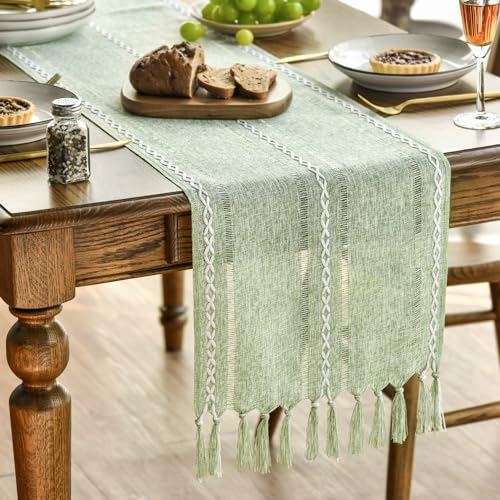 Artoid Mode Boho Salbei Grün Landhausstil Quasten Tischläufer, Waschbar Tisch Dekoration Party Geburtstag Valentinstag Hochzeit Dekor 33x183 cm