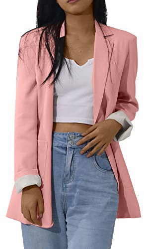 Blazer - Giacca da donna fluida in poliestere, con colletto a risvolto, tinta unita, casual, maniche lunghe, per ragazze, calde, autunno e sport, 01-rosa, 4X-Large
