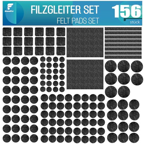 shinfly Set di 156 Feltrini Adesivi per Mobili Sedie, Sottosedie Rotondi Quadrati, 3mm di Spessore, Antiscivolo, per Mobili Pesanti, Nero