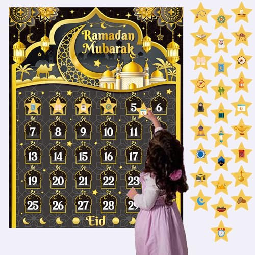 Ramadan Adventskalender Eid Kalender Countdown, Ramadan Dekorationen 2024 Ramadan Kalender für Kinder, Ramadan Countdown Kalender für Ramadan-Spiele, mit 30 Sternen Aufklebern