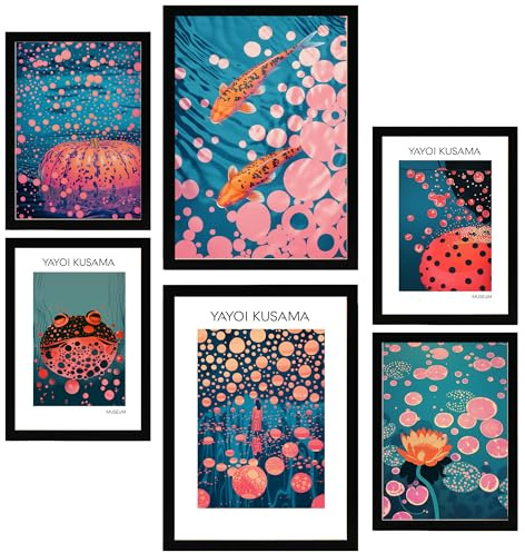 Nacnic 6er-Set Yayoi Kusama Japanischer Kürbisfisch Gerahmtes Poster mit Design-Illustrationen zur Dekoration der Wände Ihres Zuhause Zimmer Büro Laden Malerei im A3 & A4 Schwarzer Rahmen