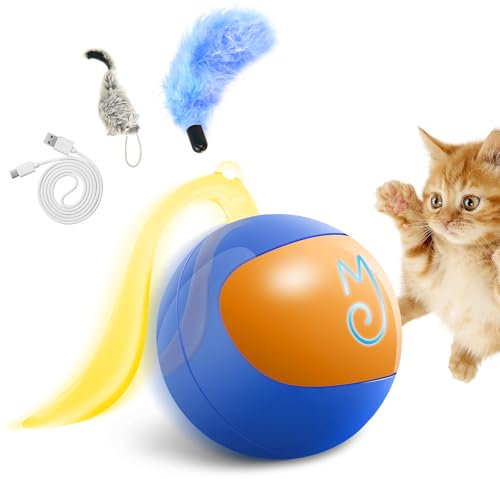 Migipaws Interaktives Katzenspielzeug elektrisch rollender Ball mit flauschigem Schwanz, kleine Maus als Zubehör, wiederaufladbar(blau Katzenball)