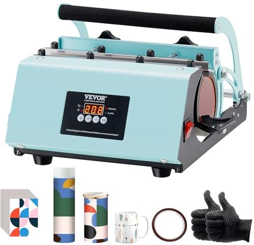 VEVOR Prensa Térmica para Vasos de 325-887 ML Prensa Térmica para Vasos con Papel de Sublimación, Cinta y Guantes, Ajuste de Temperatura y Tiempo para Vasos, Tazas y Jarras de Sublimación, Verde
