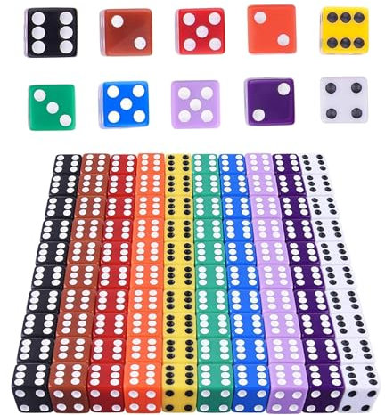 HUAZIZ 6 Seitige Würfel Set Dice Set 16 mm, Bunt, Rechter Winkel, 100 Stück für Würfelspiele Tischspiele, Brettspiele, Mathe-Spiele