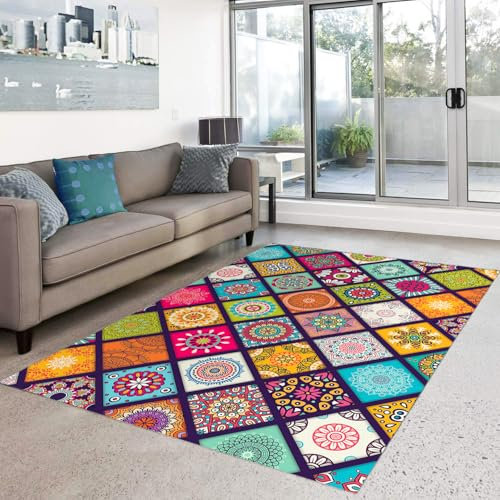 HOSIMA Böhmischer Teppich, Weiche Bodenmatte, Retro-Bedruckte Schlafzimmer-rutschfeste Bodenmatte, Kurzflorige Flauschige Bodenmatte, Waschbar(Bohemiya 150 * 100)