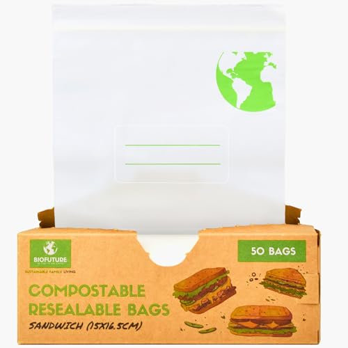 Biofuture Biodegradable Sandwich Bags – Small Compostable Freezer Storage Baggies (15 x 16.5 cm) | Double Seal, Leakproof, Resealable | Ideal for Mini Sandwiches, Snacks, Lunch Bits, 50 Bags