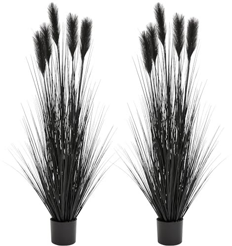 JonesHouseDeco 2 Pcs 150cm Herbe de la Pampa Artificielle Herbes Artificielles en Pot, 5FT Herbe ornementale, Noir Plantes Décoratives, Herbe Solitaire décorative, Herbe à Poils Plumes