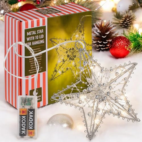 MIJOMA Metallstern mit 10 LEDs zum Aufhängen, 15 cm Durchmesser, 6-Stunden-Timer, batteriebetrieben, Weihnachtsdekoration