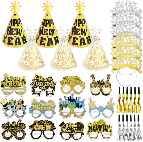 DPKOW 36 Stk Glitzer 2026 Silvester Accessoires, Haarreif Silvester Partyhüte Brillen Silvester Partytröten Kopfschmuck für Neujahr 2026 Silvester Party Zubehör Gadget Silber Gold Schwarz Weiß
