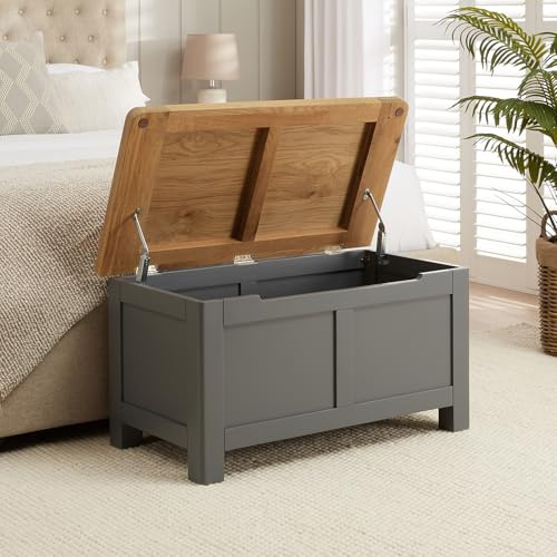 The Furniture Market Marbury Slate Grey | Painted Blanket Storage Box | Solid Wood Bedding Chest | Whitewashed Oak Top | Hallway Boot Bench or Toy Box | Fully Assembled | H 450mm x W 850mm x D 450mm