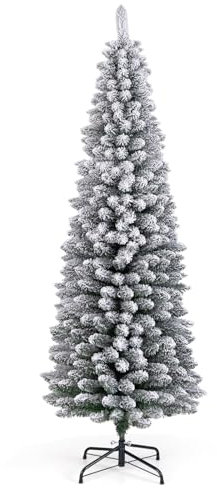 COSTWAY Albero di Natale Slim 120/150/180 cm, Albero di Natale Artificiale Innevato con 240/328/460 Rami e Supporto Metallico Pieghevole, per Piccoli Spazi, Decorazione per Casa e Feste (180 cm)