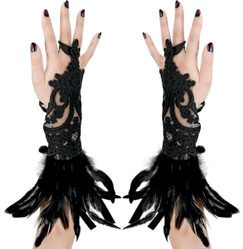 SUFANG Damen Schwarz Feder Handschuhe Vintage Spitzenhandschuhe Damen Schwarz Feder Spitze Fingerlose Lange Handschuhe Lange Spitze für Hochzeit Halloween Fasching Cosplay Party