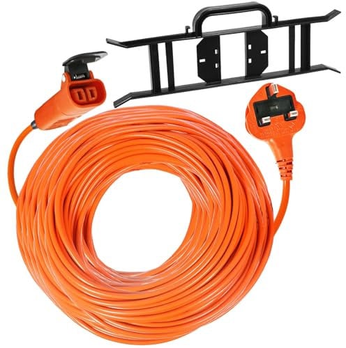 Spares2go Extra Long Power Cable Lead Plug for Flymo Lawnmower Strimmer Hedge Trimmer Garden Vac (25m) + Winder Bracket
