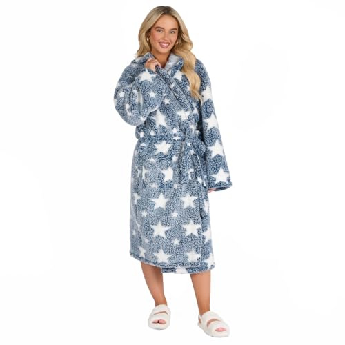 OHS Teddy Fleece Dressing Gown Womens Teddy Marl Hooded Bathrobe - One Size