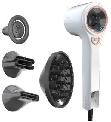 Genius Invictus Föhn Hair D7 Ionen Haartrockner 5 tlg, Reisefön Fön mit 1 Diffusor 3 verschiedene Stylingdüsen, 5 Temperatur- und 3 Geschwindigkeitsstufen, 1600 W Hair Dryer für schnelles Trocknen