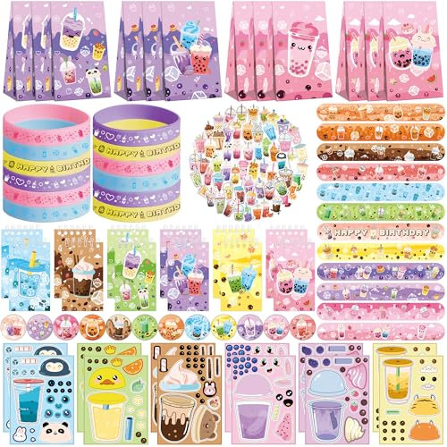Obussgar Bubble Tea Party Favour Supplies einschließlich Milk Tea Gift Bags, Aufkleber, Abzeichen, Armbänder für Milk Tea Theme Geburtstagsparty