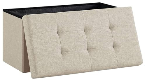 Puff Almacenaje Plegable Mikomika, Baúl de Almacenaje Multifuncional, Taburete Reposapiés, Banco de Cubo Soporta hasta 300 kg, para Sala de Estar, Dormitorio y Entrada - 76 x 38 x 38 cm (Beige)