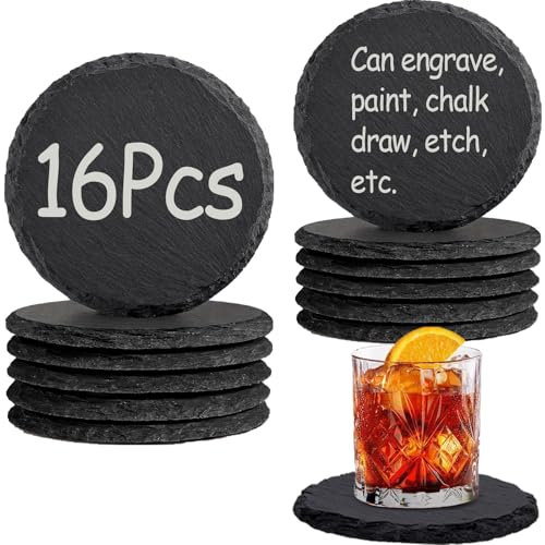 Slate Drink Coasters, Set of 16 Black Round Coasters, 4 Inch Stone Coaster Set Table Decor Coffee Tabletop Protection for Home Kitchen Bar Apartment Office Festival, Fits Most Cups