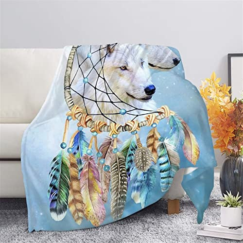 Dreamcatcher Wolf-weiße Überwurfdecken, weiche, gemütliche Fleece-Plüsch-warme Flanell-Bettdecke für Mädchen, Jungen, Erwachsene, Couch, Reisen