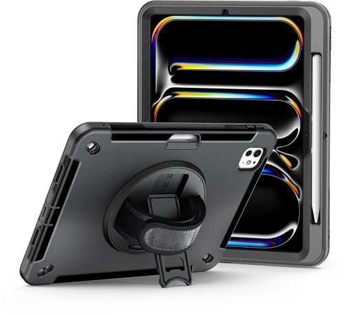 honju Fit Rugged Kickstand/Handstrap Case compatibile con Apple iPad Pro 11 (2024) (cinghia girevole da polso, supporto per Apple Pencil Supporto), nero