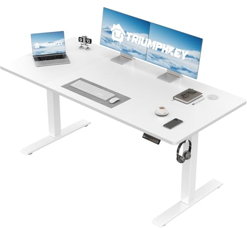 TRIUMPHKEY Höhenverstellbarer Schreibtisch 130 x 60 cm, Schreibtisch Höhenverstellbar Elektrisch, Ergonomischer Steh-Sitz Tisch Computertisch für Home Office, Weiß