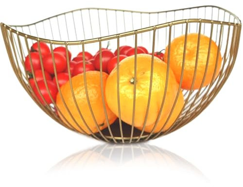Gold Basket, Curved-Edge Gold Fruit Bowl, Metal Wire Fruit Basket Decorative Holder Holder, for Kitchen Countertop, Bread Baskets for Serving